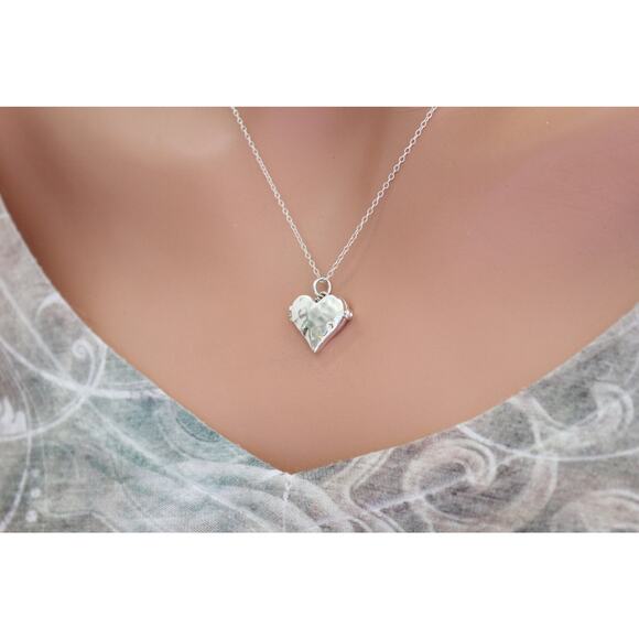 Sterling Silver Heart Locket with Hammered Finish Necklace - Picture 3 of 8